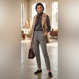 H&M Houndstooth Slim Trousers Size 6 Gray Black Career Chic Gold Zip Pockets